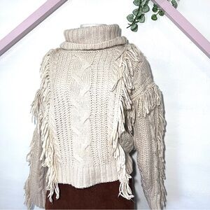 Cream Fringe Turtleneck Sweater